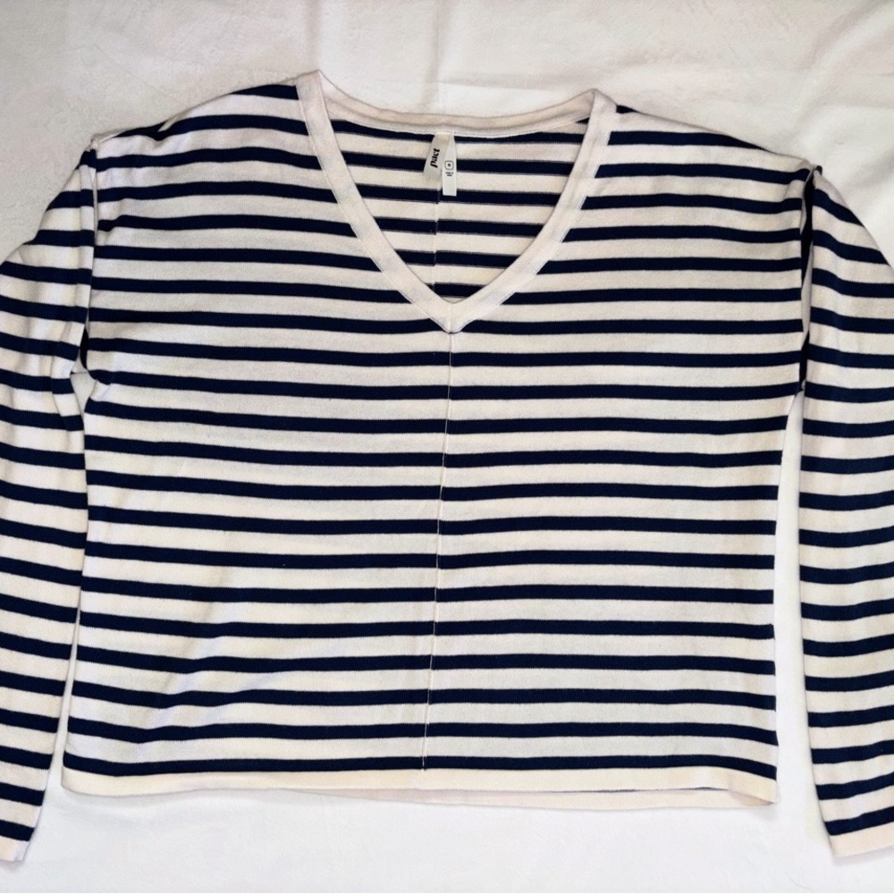 Pact Organic 100% Organic Cotton Navy & White Striped Light V-Neck Sweater